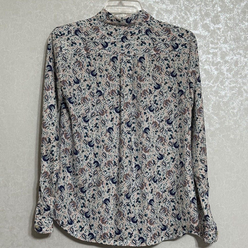 Ann Taylor Blue Pink Paisley Floral Roll Tab Sleeve Button Up Blouse Feminine XS